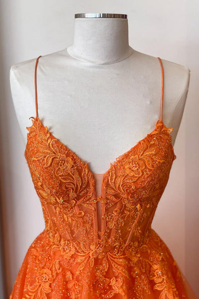 A Line V Neck Orange Lace Long Prom Dress, Orange Lace Formal Dress, Orange Evening Dress A2040