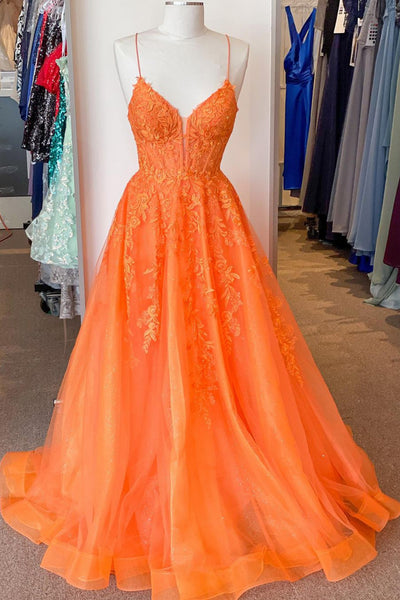 A Line V Neck Orange Lace Long Prom Dress, Orange Lace Formal Dress, Orange Evening Dress A2040