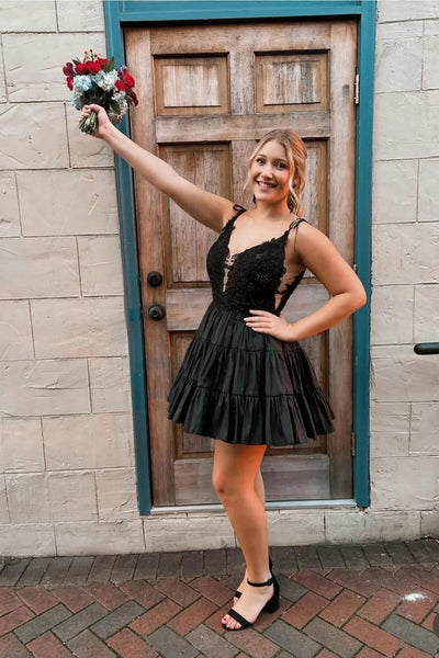 A Line V Neck Pink/Black Lace Short Prom Dress, Pink/Black Lace Homecoming Dress, Lace Party Dress A2428