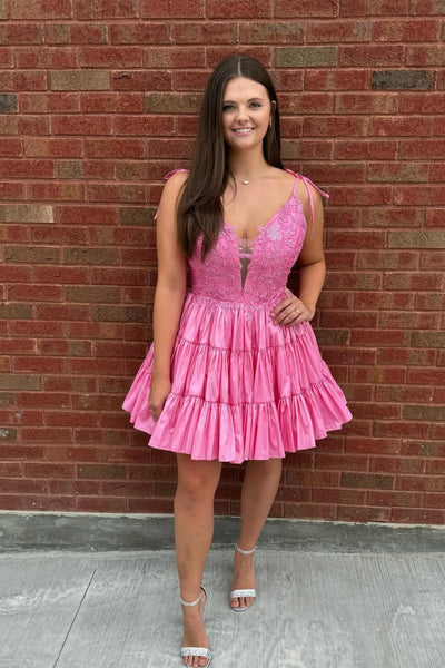 A Line V Neck Pink/Black Lace Short Prom Dress, Pink/Black Lace Homecoming Dress, Lace Party Dress A2428