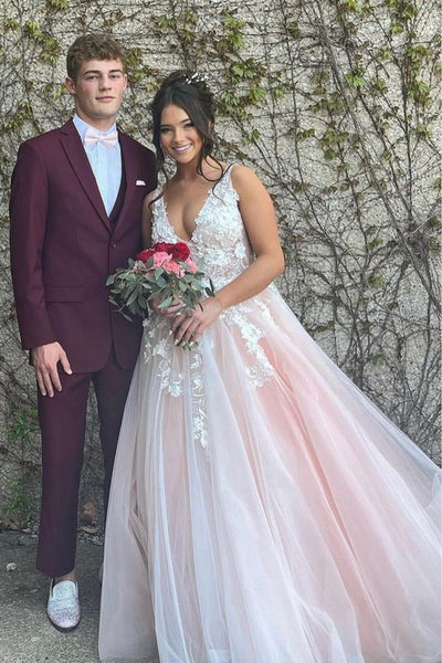 A Line V Neck Pink Lace Floral Long Prom Dress, Pink Lace Formal Dress with Appliques, Pink Tulle Evening Dress A2097