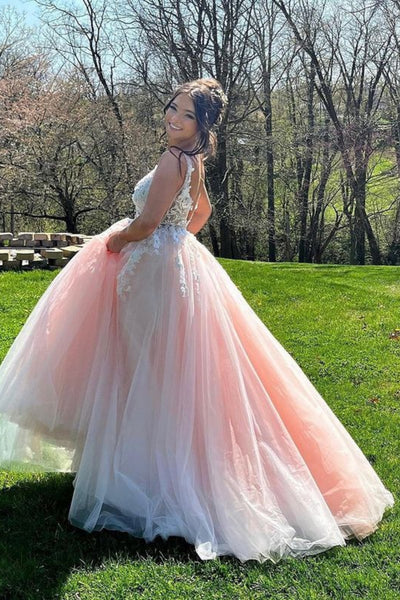 A Line V Neck Pink Lace Floral Long Prom Dress, Pink Lace Formal Dress with Appliques, Pink Tulle Evening Dress A2097