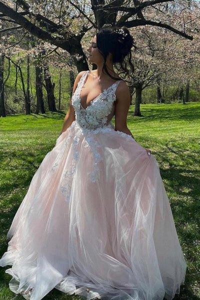 A Line V Neck Pink Lace Floral Long Prom Dress, Pink Lace Formal Dress with Appliques, Pink Tulle Evening Dress A2097