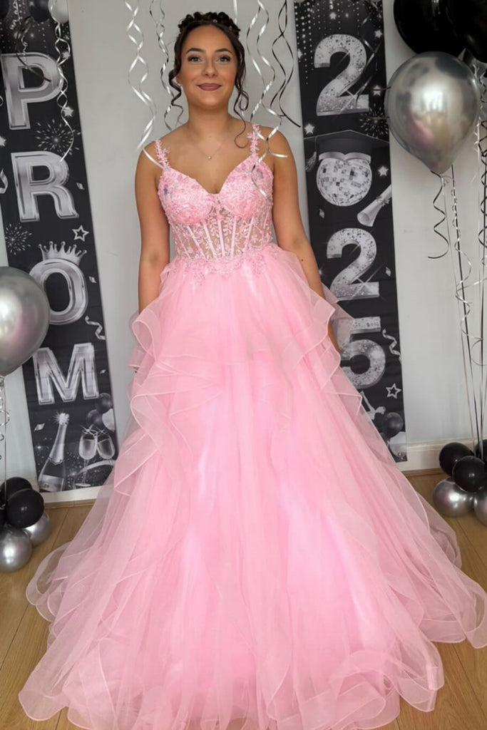 A Line V Neck Pink Lace Long Prom Dress, Fluffy Pink Lace Formal Dress, Pink Evening Dress A2491