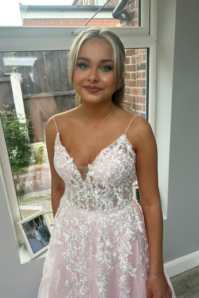 A Line V Neck Pink Lace Long Prom Dress, Pink Lace Formal Dress, Pink Evening Dress A2274