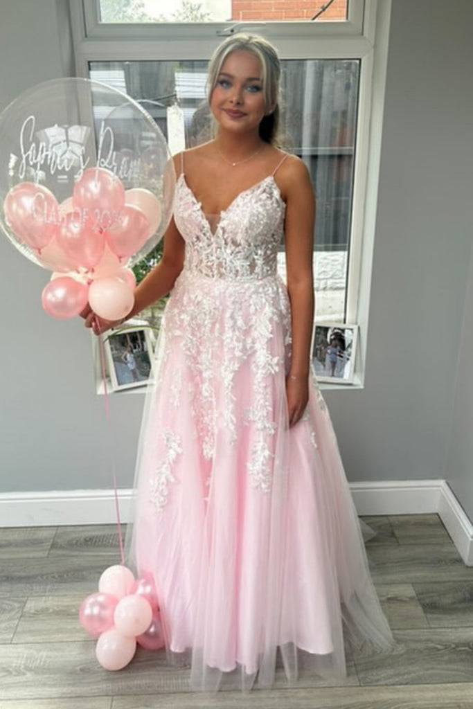 A Line V Neck Pink Lace Long Prom Dress, Pink Lace Formal Dress, Pink Evening Dress A2274