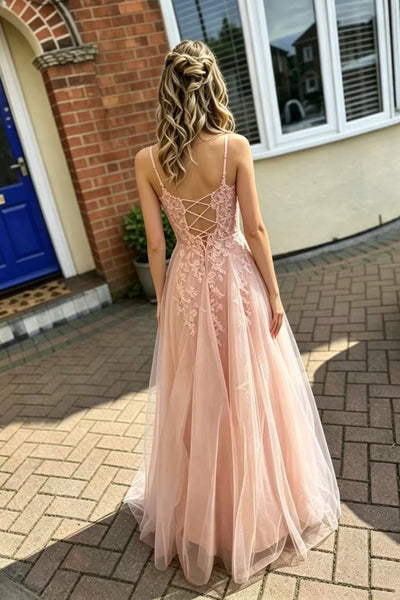 A Line V Neck Pink Lace Long Prom Dress, Pink Tulle Formal Graduation Evening Dress A2610