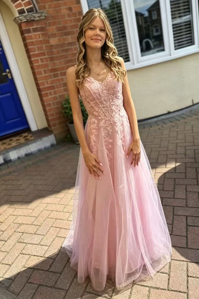A Line V Neck Pink Lace Long Prom Dress, Pink Tulle Formal Graduation Evening Dress A2610