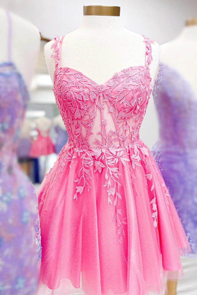 A Line V Neck Pink Lace Short Prom Dress, Pink Lace Homecoming Dress