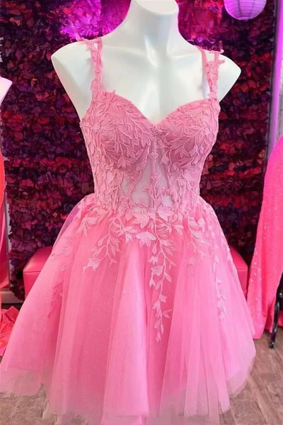 A Line V Neck Pink Lace Short Prom Dress, Pink Lace Homecoming Dress, Short Pink Formal Graduation Evening Dress A1959