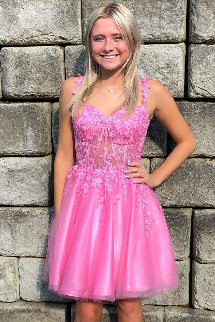 A Line V Neck Pink Lace Short Prom Dress, Pink Lace Homecoming Dress, abcprom A Line V Neck Pink Lace Short Prom Dress, Pink Lace Homecoming Dress, abcprom