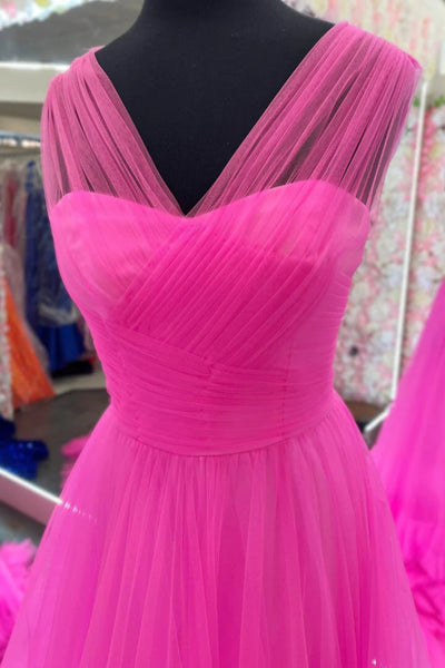 A Line V Neck Pink Tulle Long Prom Dress, V Neck Pink Formal Dress, Pink Evening Dress A2009
