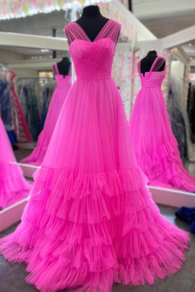 A Line V Neck Pink Tulle Long Prom Dress, V Neck Pink Formal Dress, Pink Evening Dress A2009