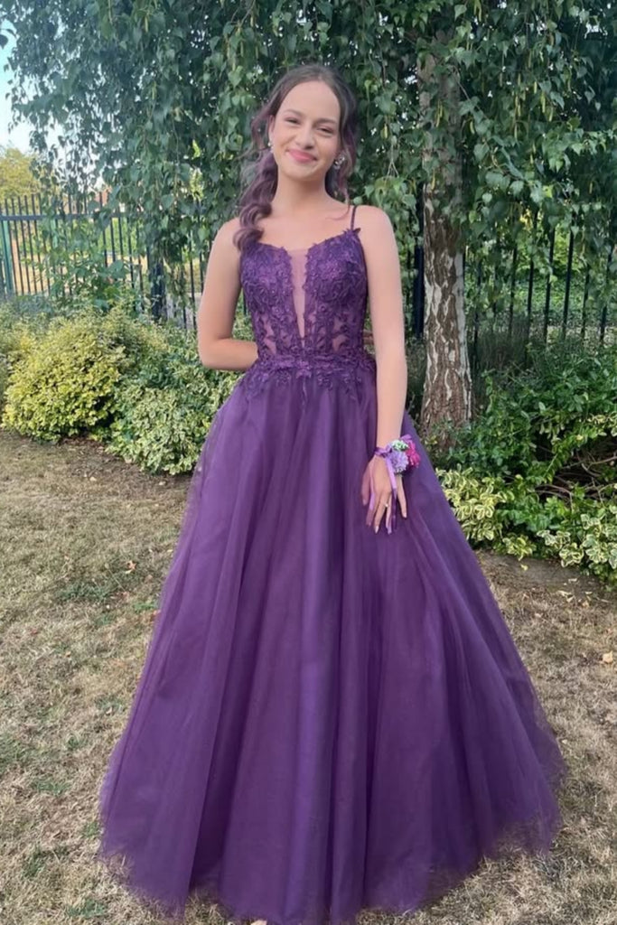 A Line V Neck Purple Lace Long Prom Dress, Purple Lace Formal Dress, Purple Evening Dress A2483