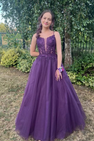 A Line V Neck Purple Lace Long Prom Dress, Purple Lace Formal Dress, Purple Evening Dress A2483