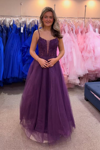 A Line V Neck Purple Lace Long Prom Dress, Purple Lace Formal Dress, Purple Tulle Evening Dress A2554