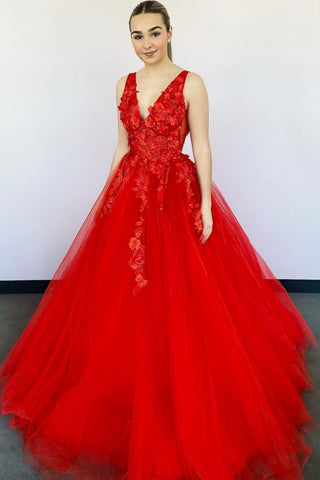 A Line V Neck Red Lace Long Prom Dress, V Neck Red Formal Dress with Appliques, Red Lace Evening Dress A2102