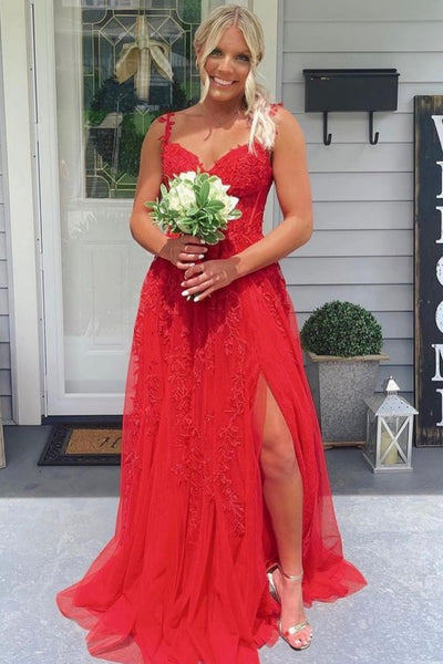 A Line V Neck Red Lace Long Prom Dress with High Split, Long Red Lace Formal Graduation Evening Dress A2099