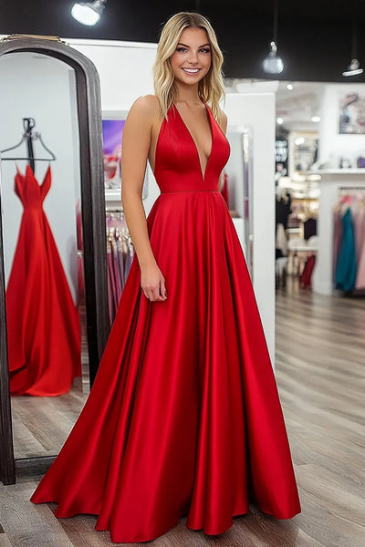 A Line V Neck Red Satin Long Prom Dress, V Neck Red Formal Dress, Red