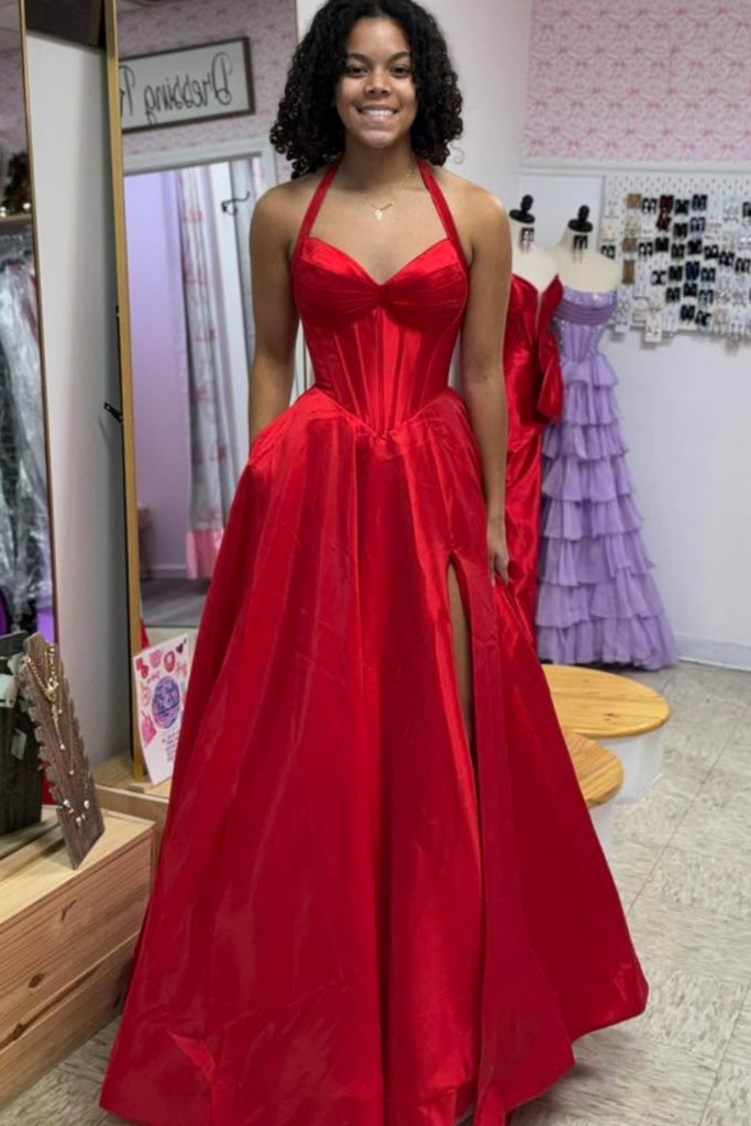 A Line V Neck Red Satin Long Prom Dress with Slit, Long Red Formal Gra