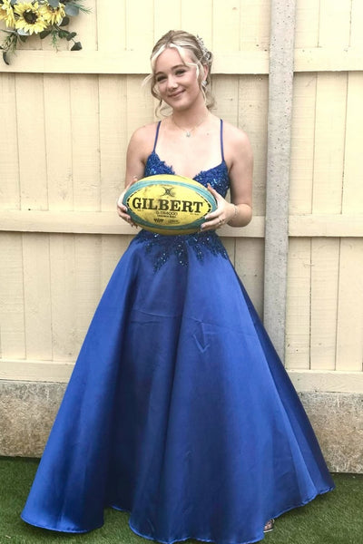 A Line V Neck Royal Blue Lace Long Prom Dress, Royal Blue Lace Formal Graduation Evening Dress A2506