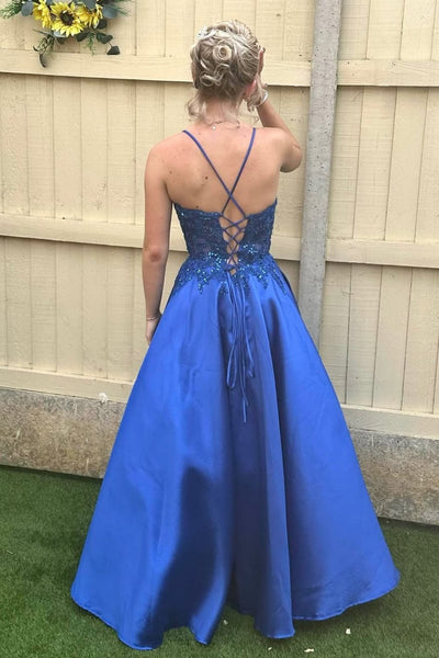 A Line V Neck Royal Blue Lace Long Prom Dress, Royal Blue Lace Formal Graduation Evening Dress A2506