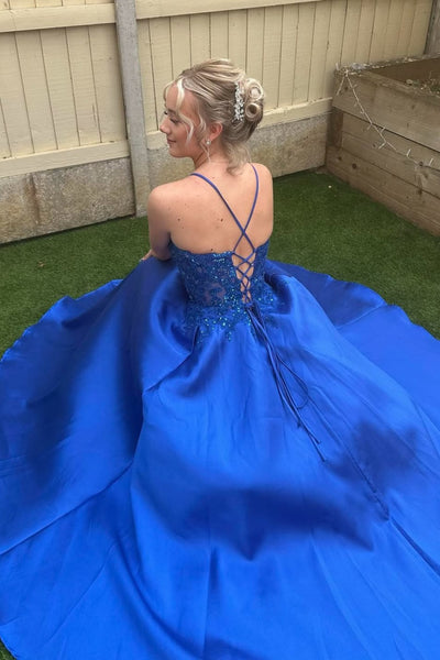 A Line V Neck Royal Blue Lace Long Prom Dress, Royal Blue Lace Formal Graduation Evening Dress A2506