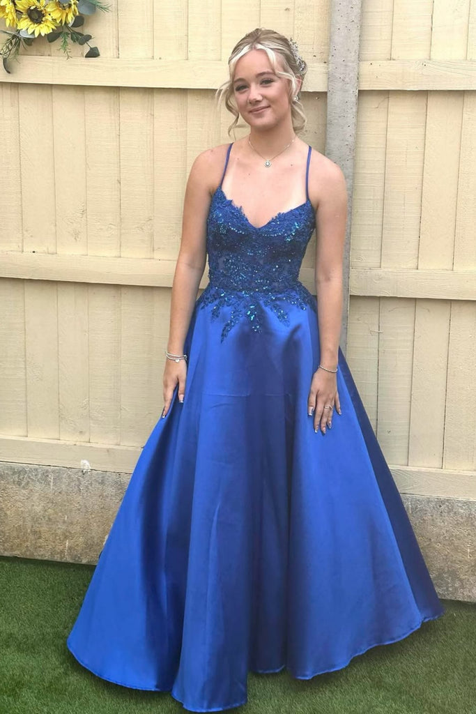 A Line V Neck Royal Blue Lace Long Prom Dress, Royal Blue Lace Formal Graduation Evening Dress A2506