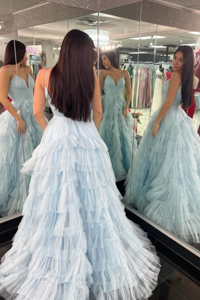 A Line V Neck Ruffle Blue Tulle Long Prom Dress with High Slit, Blue Tulle Formal Evening Dress, Ball Gown A2327