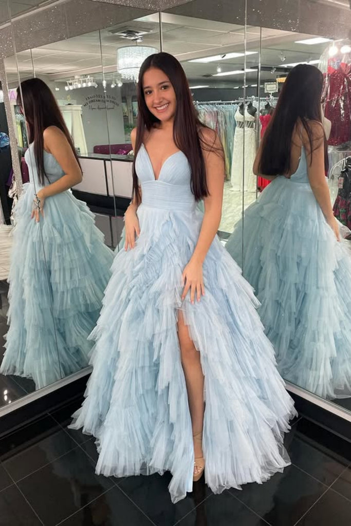 A Line V Neck Ruffle Blue Tulle Long Prom Dress with High Slit, Blue Tulle Formal Evening Dress, Ball Gown A2327