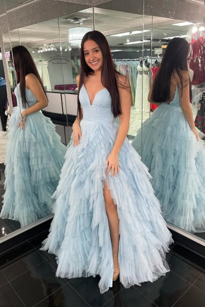 A Line V Neck Ruffle Blue Tulle Long Prom Dress with High Slit, Blue Tulle Formal Evening Dress, Ball Gown A2327