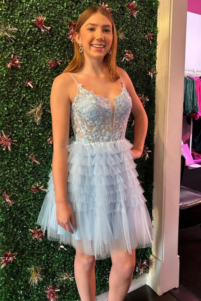 A Line V Neck Ruffle Light Blue Lace Short Prom Dress, Light Blue Lace abcprom A Line V Neck Ruffle Light Blue Lace Short Prom Dress, Light Blue Lace abcprom