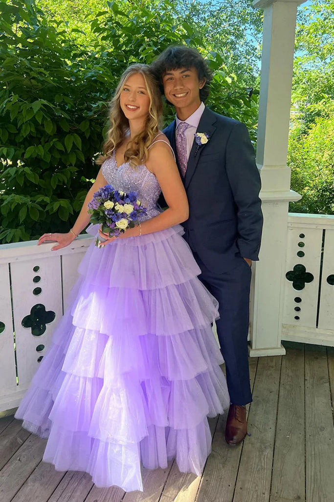 A Line V Neck Ruffle Lilac Lace Long Prom Dress, Lilac Lace Formal Gra abcprom A Line V Neck Ruffle Lilac Lace Long Prom Dress, Lilac Lace Formal Gra abcprom