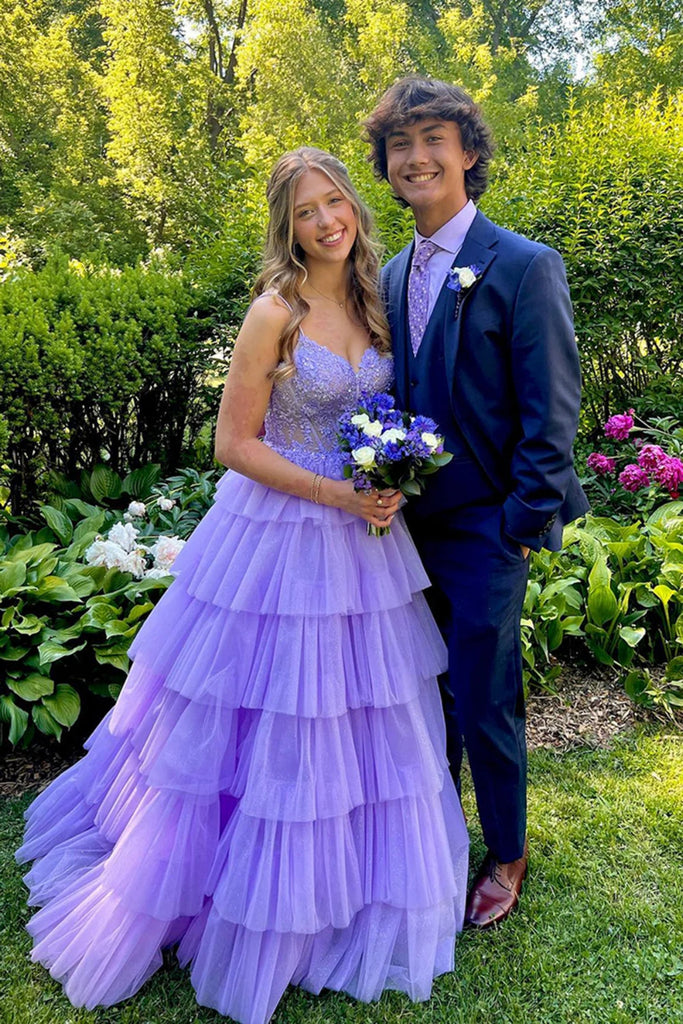 A Line V Neck Ruffle Lilac Lace Long Prom Dress, Lilac Lace Formal Gra abcprom A Line V Neck Ruffle Lilac Lace Long Prom Dress, Lilac Lace Formal Gra abcprom