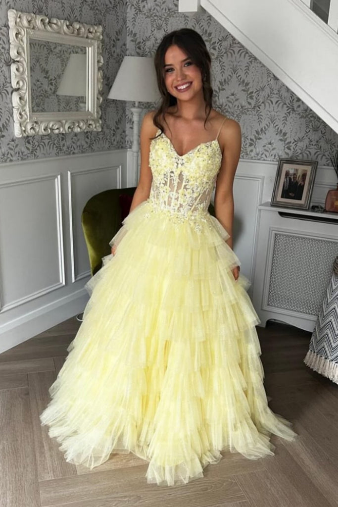 A Line V Neck Ruffle Yellow Lace Long Prom Dress, Yellow Lace Formal D –  abcprom