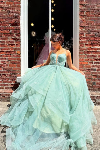A Line V Neck Sage Lace Long Prom Dress, Sage Lace Formal Dress, Sage Evening Dress A2465