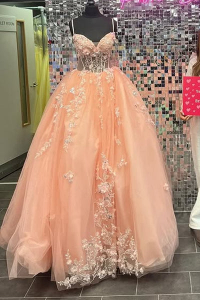 A Line V Neck Spaghetti Straps Coral Lace Floral Long Prom Dress, Coral Lace Formal Dress, Coral Evening Dress A2304