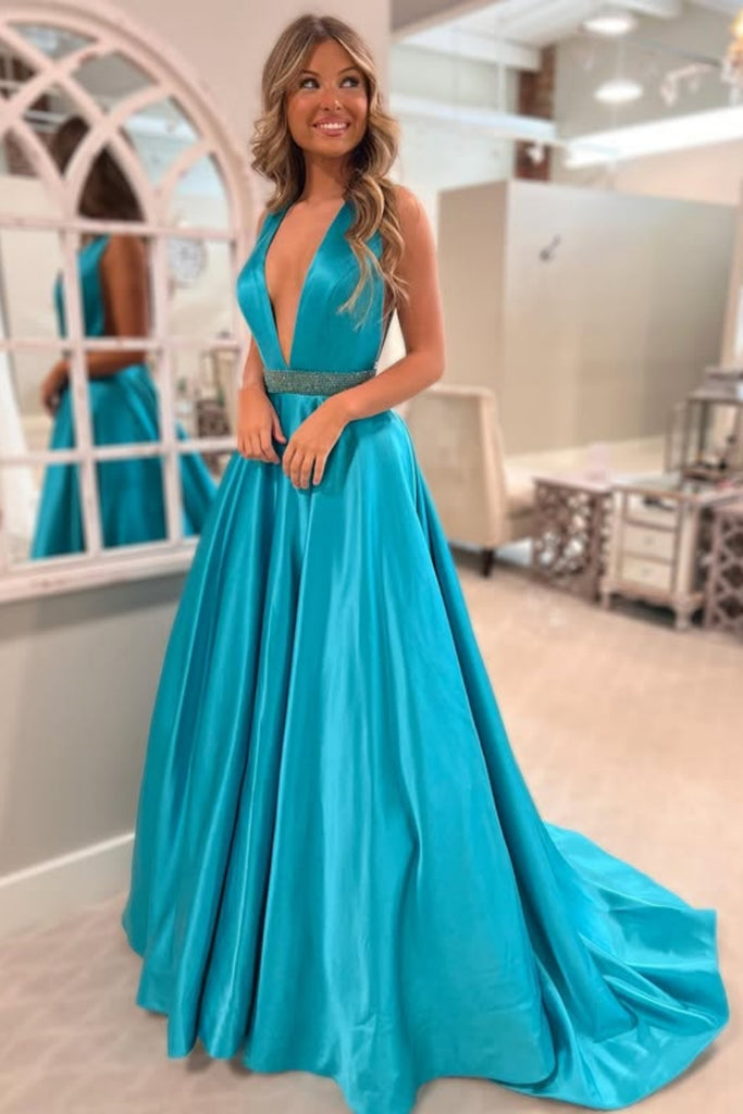 A Line V Neck Teal Satin Long Prom Dress with Belt, Teal Formal Gradua abcprom A Line V Neck Teal Satin Long Prom Dress with Belt, Teal Formal Gradua abcprom