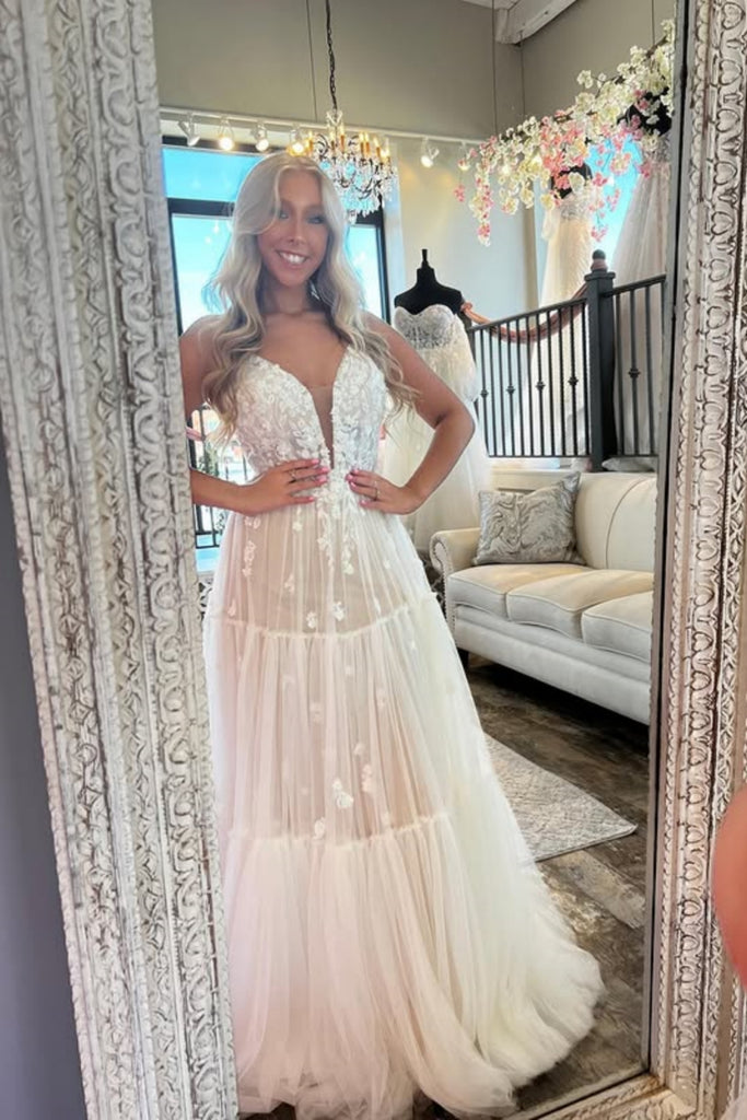 A Line V Neck White Lace Long Prom Dress, Ivory Lace Formal Dress, Whi abcprom A Line V Neck White Lace Long Prom Dress, Ivory Lace Formal Dress, Whi abcprom