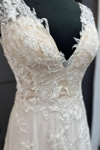A Line V Neck White Lace Long Prom Dress, White Lace Formal Dress, White Evening Dress A2513