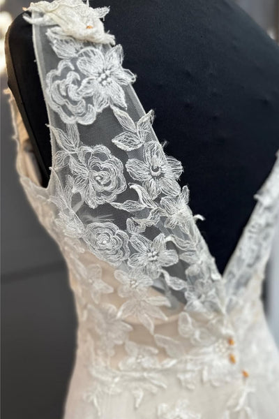 A Line V Neck White Lace Long Prom Dress, White Lace Formal Dress, White Evening Dress A2513