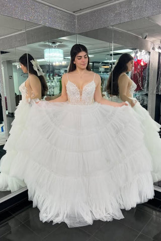 A Line V Neck White Lace Long Prom Dress, White Lace Formal Dress, White Evening Dress A2325