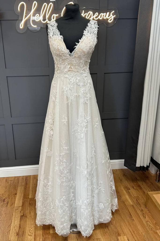 A Line V Neck White Lace Long Prom Dress, White Lace Formal Dress, White Evening Dress A2513