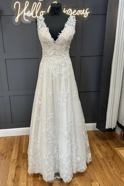 A Line V Neck White Lace Long Prom Dress, White Lace Formal Dress, White Evening Dress A2513