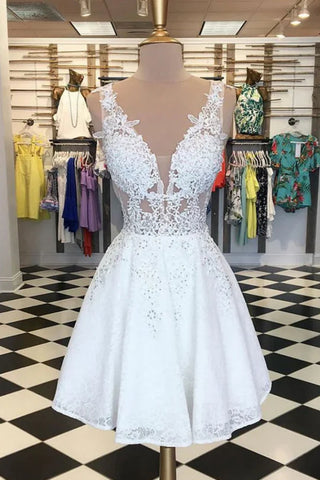 A Line V Neck White Lace Short Prom Dress, White Lace Homecoming Dress A2446