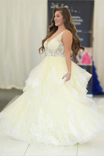 A Line V Neck Yellow Lace Long Prom Dress, Yellow Lace Formal Dress, Yellow Evening Dress A2518