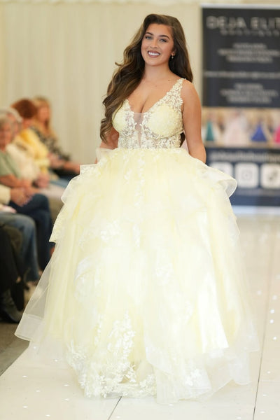 A Line V Neck Yellow Lace Long Prom Dress, Yellow Lace Formal Dress, Yellow Evening Dress A2518