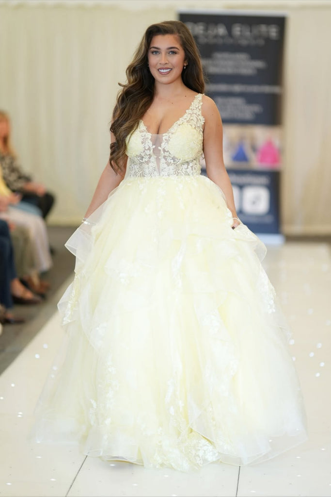 A Line V Neck Yellow Lace Long Prom Dress, Yellow Lace Formal Dress, Yellow Evening Dress A2518