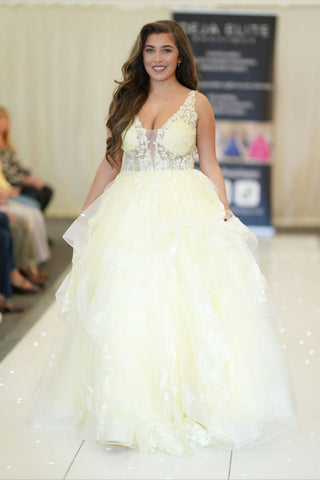 A Line V Neck Yellow Lace Long Prom Dress, Yellow Lace Formal Dress, Yellow Evening Dress A2518