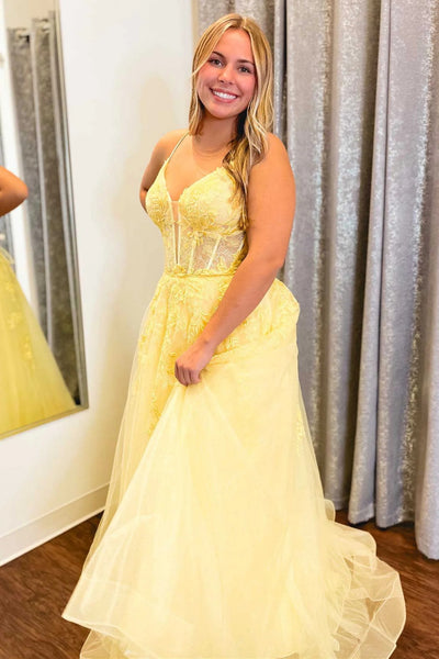 A Line V Neck Yellow Long Prom Dress with Lace Appliques, Yellow Lace Formal Graduation Evening Dress A2014